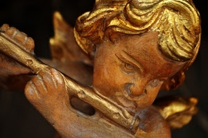 oro, flauto, angelo, legno, capelli, viso, ali, musica, statua, putto, dorato