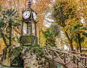 orologio, alberi, ponte, legno, autunno, parco, staccionata, giardino, lancette, piante