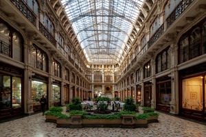 vetrine, galleria, negozi, verde, aiuola, prospettiva, piante, aiuole, vetrata