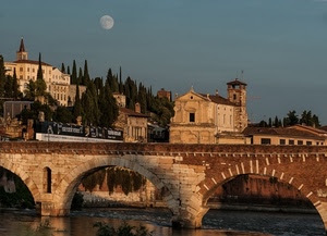 luna, ponte, chiesa, fiume, città, verona, archi, tramonto, alberi