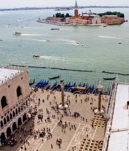 piazza, isola, gondole, venezia, campanile, mare, laguna, panorama, colonne
