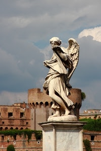 angelo, statua, ali, nuvole, torre, marmo, castello