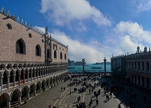venezia, piazza, palazzo, nuvole, colonne, cielo, archi, acqua, panorama