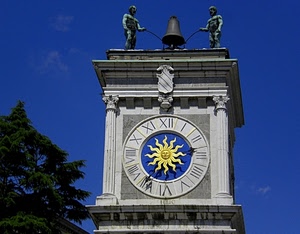 orologio, sole, campana, torre, statue, mori, blu, cielo