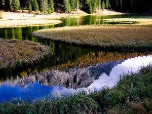 erba, verde, riflesso, montagna, acqua, lago, alberi, azzurro, cielo, montagne, prato, rocce, riflessi, laghetto, bosco