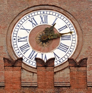 orologio, merli, lancette, numeri, ore, mattoni, tre, bianco
