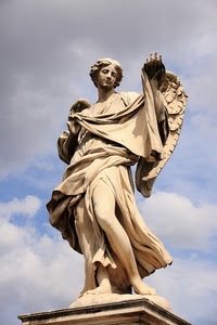 statua, angelo, cielo, ali, nuvole, marmo, scultura, bianco