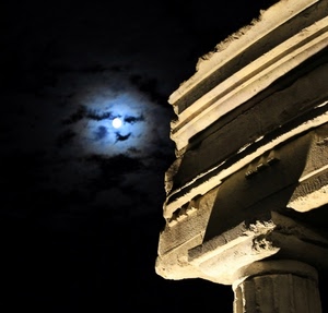luna, nuvole, colonna, notte, tempio, luce