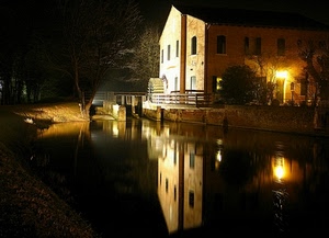 riflesso, acqua, casa, mulino, fiume, notte, luci, notturno, sera, luce