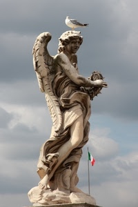 bandiera, angelo, statua, gabbiano, ali, nuvole, uccello