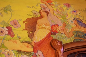 liberty, fiori, donne, dipinto, affresco, seni, floreale