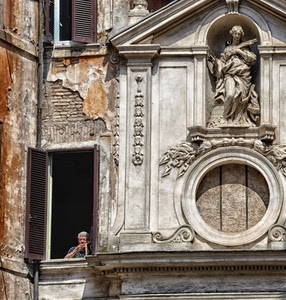 statua, finestra, cerchio, uomo, anziana, persiana, persiane, finestre, persona