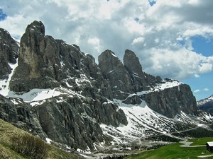 neve, nuvole, montagne, cielo, montagna, strada, rocce, verde