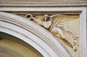 angelo, ali, arco, corona, triangolo, bassorilievo, alloro, marmo, ala, statua