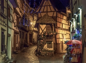 vicolo, case, luminarie, porte, luci, ombrello, negozio, notte, paese, balcone, vicoli