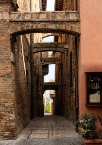 vicolo, archi, fiori, lampione, mattoni, piante, vaso