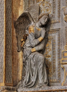 angelo, ali, oro, statua, grigio, porta, portale, scultura