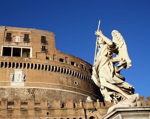 angelo, statua, castello, ali, cielo, roma, lancia, azzurro, marmo, finestre, merli, colonne, bianco, santangelo, balconi