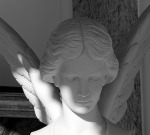 angelo, ali, statua, bianco, viso, bianconero, marmo, ombra