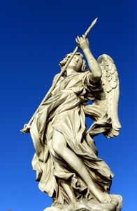 angelo, statua, lancia, ali, cielo, bianco, marmo