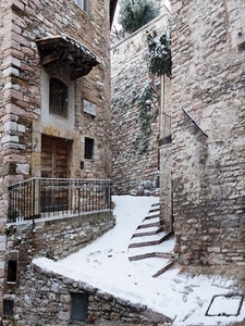 neve, vicolo, porta, ringhiera, scalini, bianco, scale, gradini, borgo