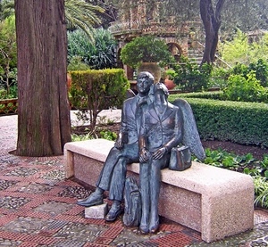 panchina, angelo, parco, statue, alberi, angeli, statua, scultura, ali, uomo, bronzo, giardino, monumento