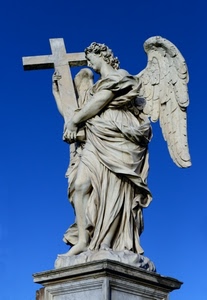 angelo, ali, croce, statua, cielo, azzurro, scultura, marmo, gamba, bianco, piedistallo