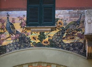 finestra, pavoni, girasoli, verde, piastrelle, maioliche, disegni, muro