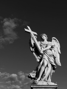 croce, nuvole, angelo, bianconero, ali, statua, cielo, marmo, scultura, gamba, ala, braccia, mani