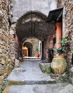 vicolo, vaso, arco, gradino, pianta, porta, pietre, gradini, archi, vasi, piante