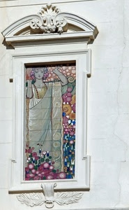 finestra, donna, liberty, colori, fiori, vetrata, bianco, murale, cornice, dipinto