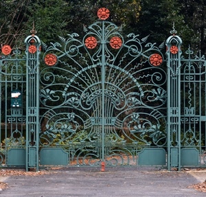 cancello, ferro, verde, rosso, liberty, cassetta, alberi, portone