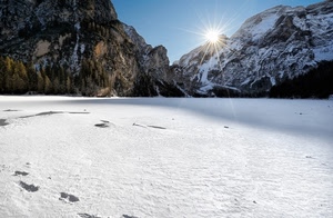 neve, sole, orme, montagne, montagna, cielo, bianco, inverno, raggi, ombra, rocce, alberi, impronte