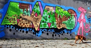 cane, murales, pantera, rosa, verde, colori, muro, murale, graffito