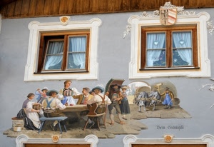 finestre, murales, sedie, tendine, vetro, stemma, affresco, tavolo, due, casa, bianco, grigio, murale, persone, buoi, tende, disegno, legno