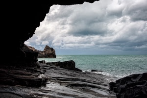 mare, nuvole, grotta, scogli, acqua, roccia, rocce, verde