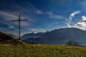 croce, montagna, cielo, nuvole, prato, blu, erba, montagne, verde