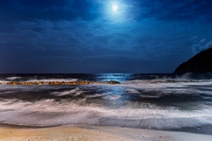 mare, luna, onde, spiaggia, blu, nuvole, cielo, scogli, notte, acqua