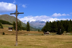 croce, alberi, montagne, montagna, prato, paesaggio, bosco, nuvole, cielo, neve