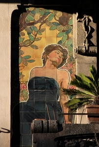 pianta, donna, foglie, vaso, verde, muro, piastrelle, disegno, mattonelle, ombra, liberty, mosaico, giallo, murale