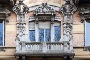 balcone, finestre, liberty, riflessi, vetri, decorazioni, finestra, persiane