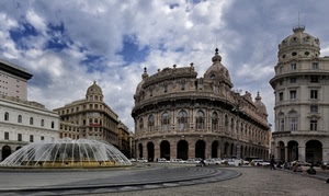 fontana, palazzi, piazza, genova, acqua, nuvole, rotonda, archi, portici