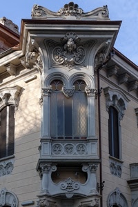 liberty, palazzo, balcone, finestre, vetri, finestra, decorazioni, angolo
