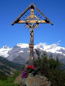 croce, neve, fiori, montagna, montagne, crocifisso, cielo, alberi