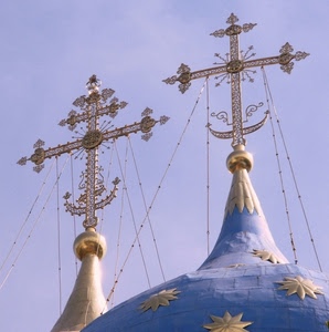 croci, oro, stelle, cupole, cielo, azzurro, cupola, croce, fili, metallo, blu, cavi, sfere, due