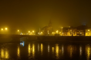 ponte, nebbia, luci, notte, fiume, riflessi, riflesso, acqua, notturno, lampioni
