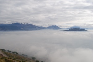 nebbia, nuvole, montagne, alberi, panorama, strada, paesaggio