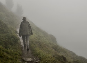 sentiero, nebbia, montagna, uomo, cappello, camminare, pioggia, viandante
