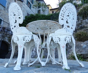 sedie, tavolo, bianco, tavolino, quattro, paese, bianche, giardino, prospettiva, due, ferro