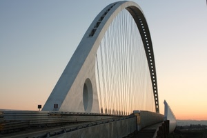 ponte, arco, tramonto, strada, cavi, curve, cerchio, tiranti, moderno